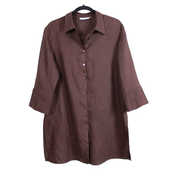 Alice Blue Button Down Brown Linen Tunic - Picture 1 of 15